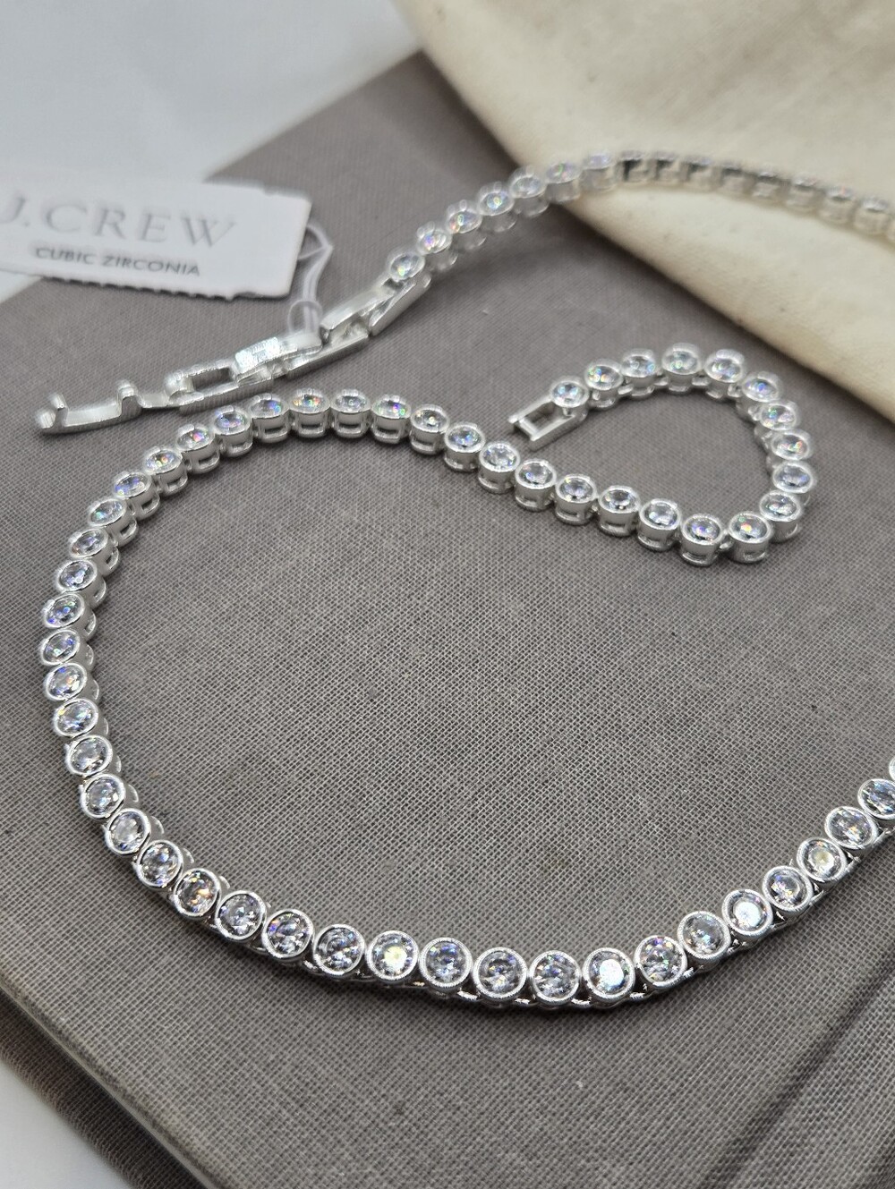 J. Crew Round Cubic Zirconia Bezel-Set Tennis Choker Necklace 16" Silver Tone